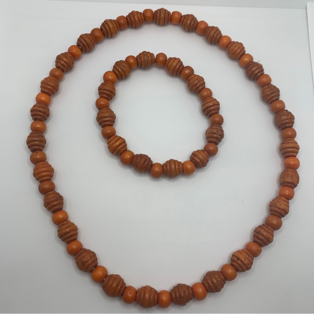 Wooden Orange Beads set of Elastic Necklace and Bracelet